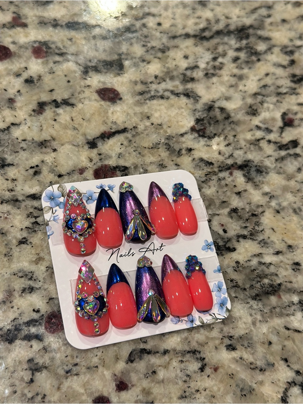 (SMALL) Custom short Stiletto Press-On Nails with Chrome & Rhinestones